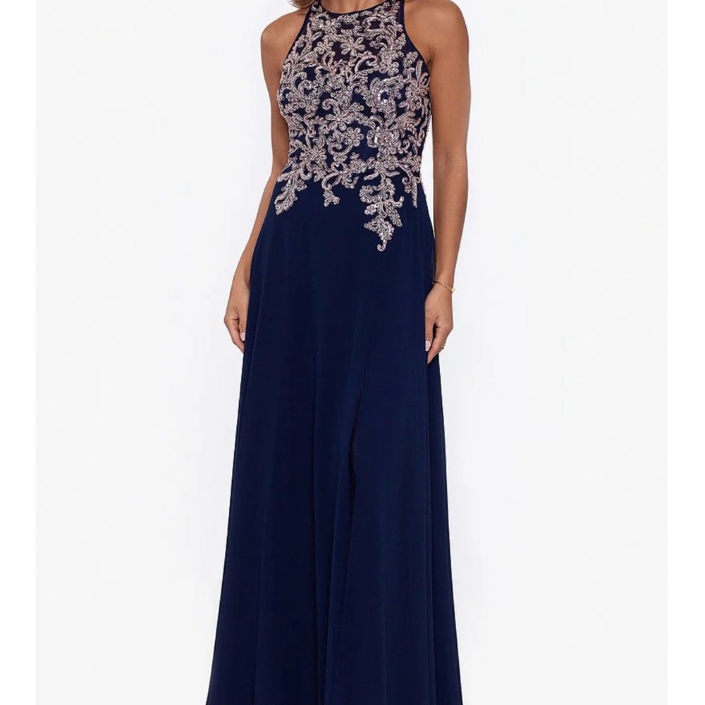 Betsy & Adam full length dress Navy with Rose gold detail